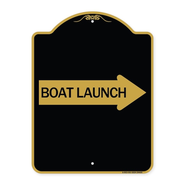 Boat Launch With Right Arrow, Black & Gold Aluminum Architectural Sign, 18" x 24", BG-1824-24405